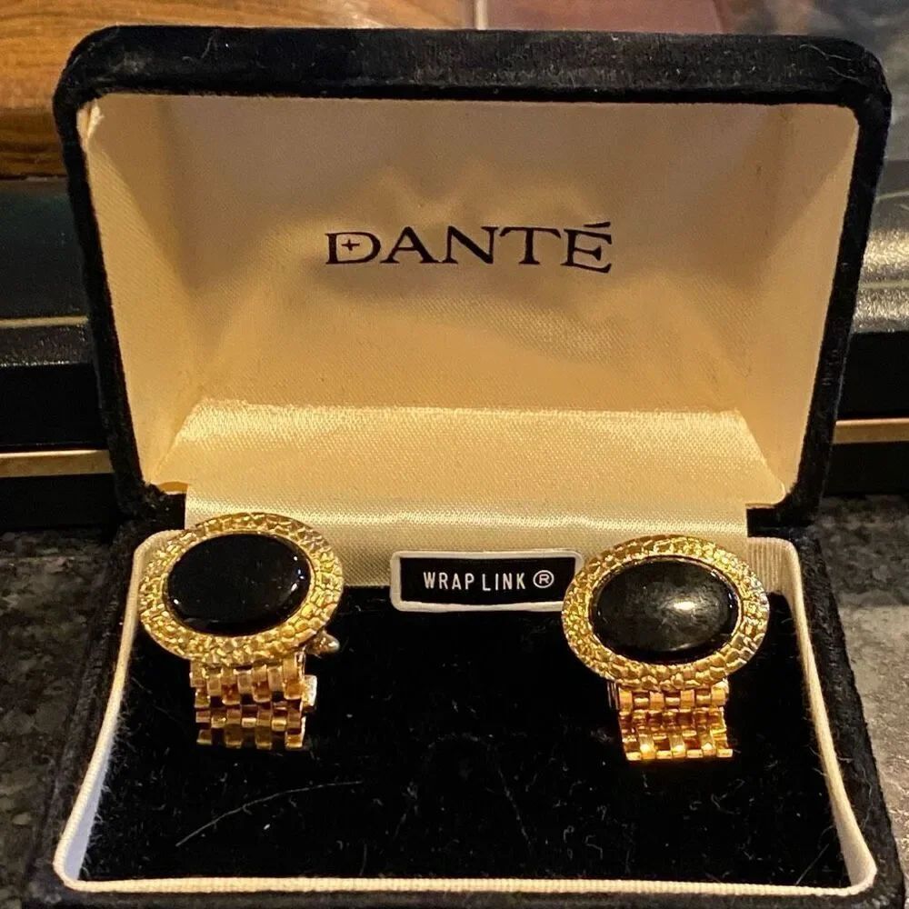 Vintage Dante Onyx Gold Wrap Around Mesh Cuff Links Boxed